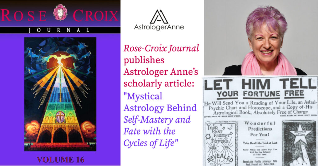 Astrologer Anne Nordhaus-Bike headshot, Rose-Croix Journal cover image, and H. Spencer Lewis's historical newspaper ad photo - .