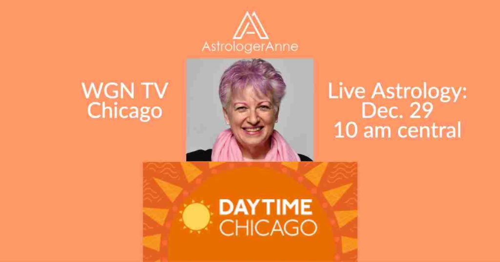 Astrologer Anne Nordhaus-Bike with Daytime Chicago TV logo: live astrology Dec. 29 on WGN TV Chicago