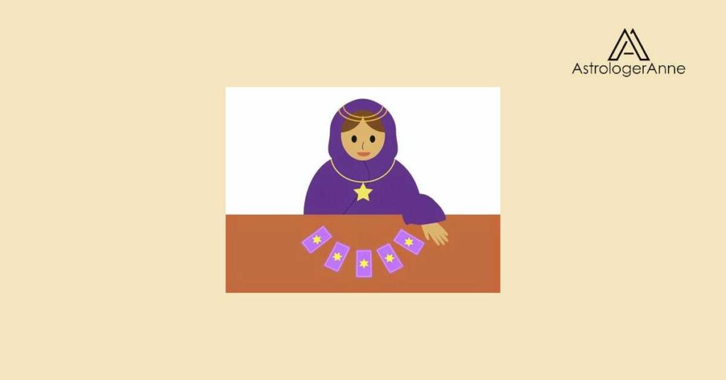 Tarot reader graphic - woman wearing purple robe with gold star, five purple tarot cards in spread in front of her