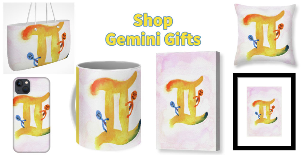 Orange and blue Gemini Twins with orange and yellow Gemini "two" symbol and Gemini gifts: wall art, pillow, phone case, mug, tote bag
