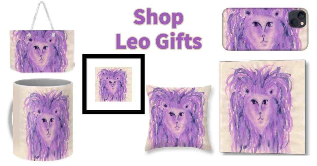 Purple Leo the Lion watercolor featured on art gifts: tote bag, wall art, mug, pillow, iphone case