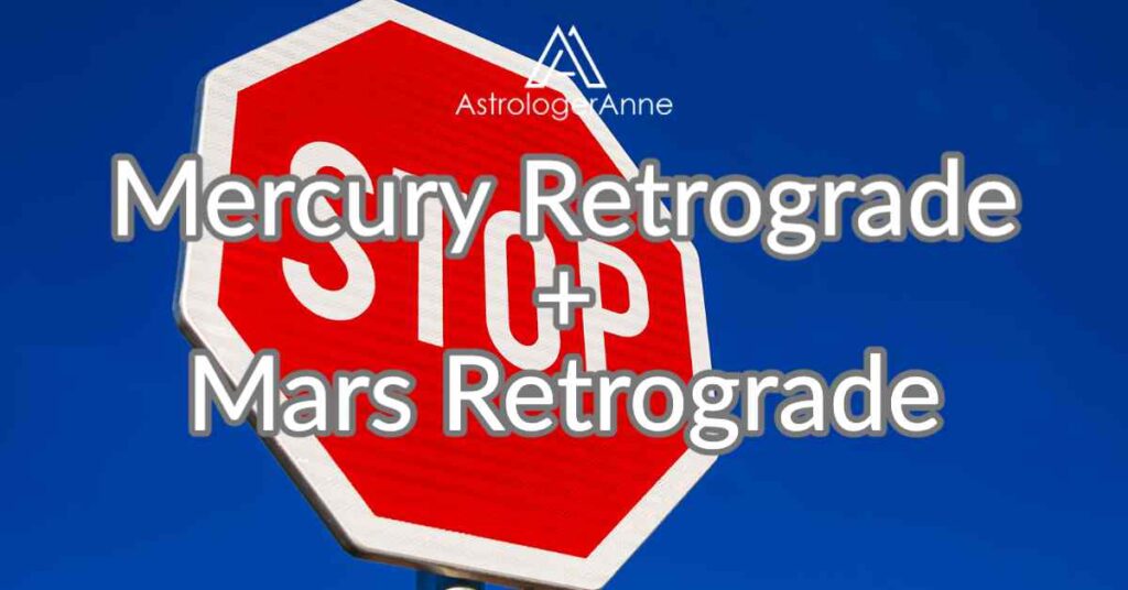 Big red stop sign with bright blue sky background and text - Mercury retrograde and Mars retrograde