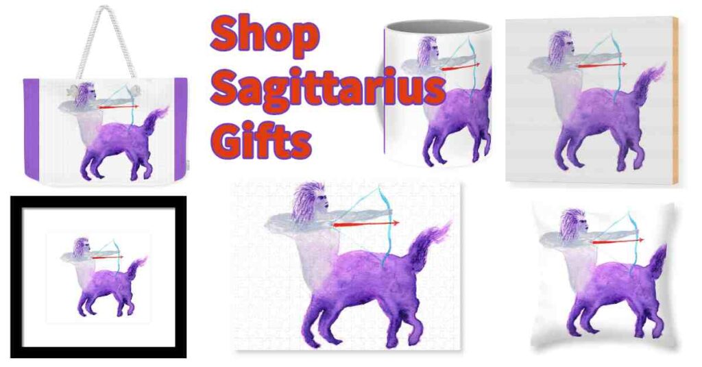 Sagittarius purple and red Archer watercolor painting of centaur-horse with bow and arrow. Watercolor gifts: wall art, tote bags, mugs, pillow, puzzles.