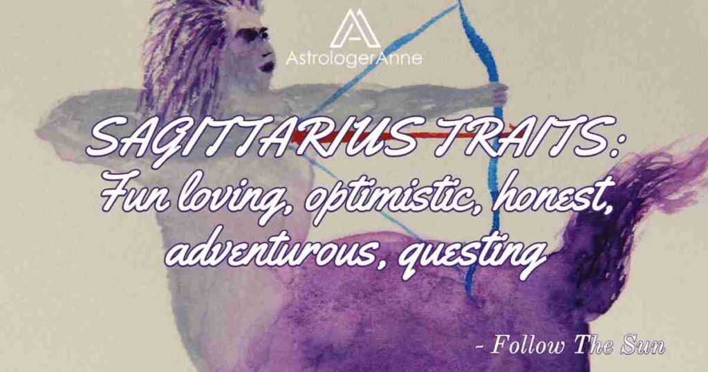 Purple Sagittarius archer-centaur watercolor with list of Sagittarius traits: fun loving, optimistic, honest, adventurous, questing