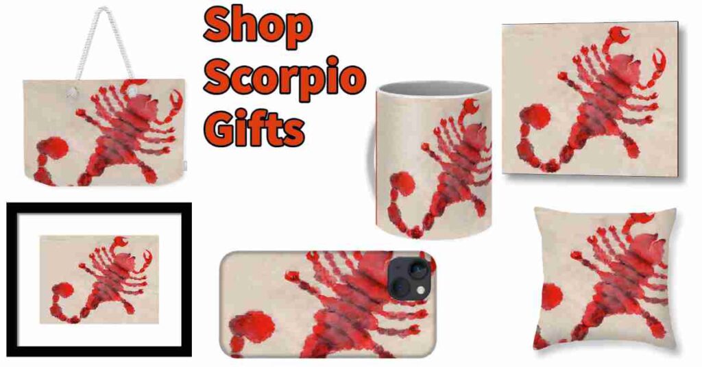 Scorpio red and black Scorpion watercolor paintings gifts - Scorpio the Scorpion wall art, phone cases, tote bags, mugs, pillow.