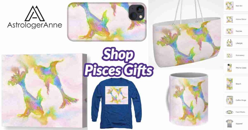 Colorful Pisces watercolor of two fish featured on cell phone case, wall art, tote bag, t-shirt, mug