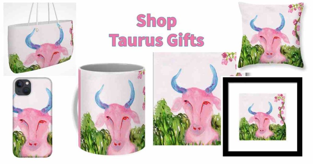 Pink Taurus Bull with blue horns and Taurus gifts: wall art, pillow, phone case, mug, tote bag