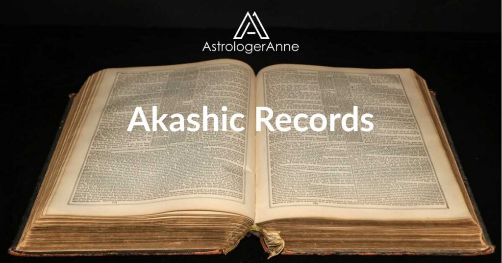 Large, old book in a dark room with "akashic records" text.